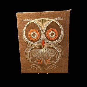 Vintage Handcrafted String Art 1970's Owl Picture On Burlap